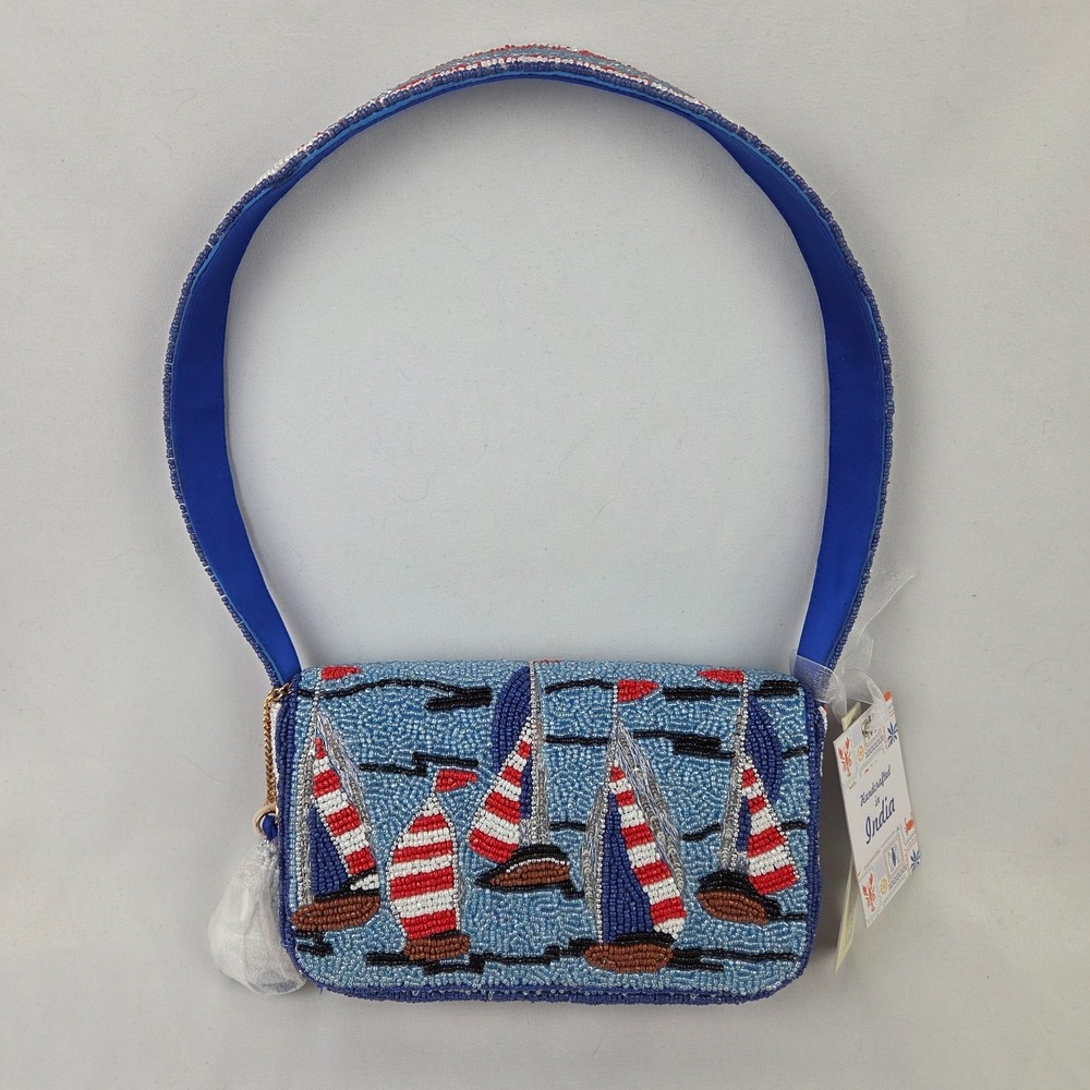 New Handcrafted in India Sailboat Ocean Red White Blue Beaded Bag Coastal NWT